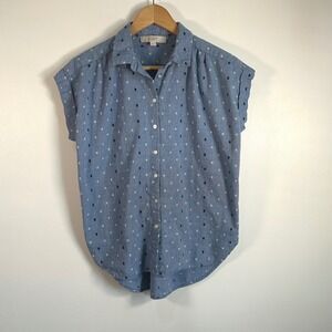 LOFT Chambray Polka Dot Short Sleeve Button Up Shirt Women's Size S‎